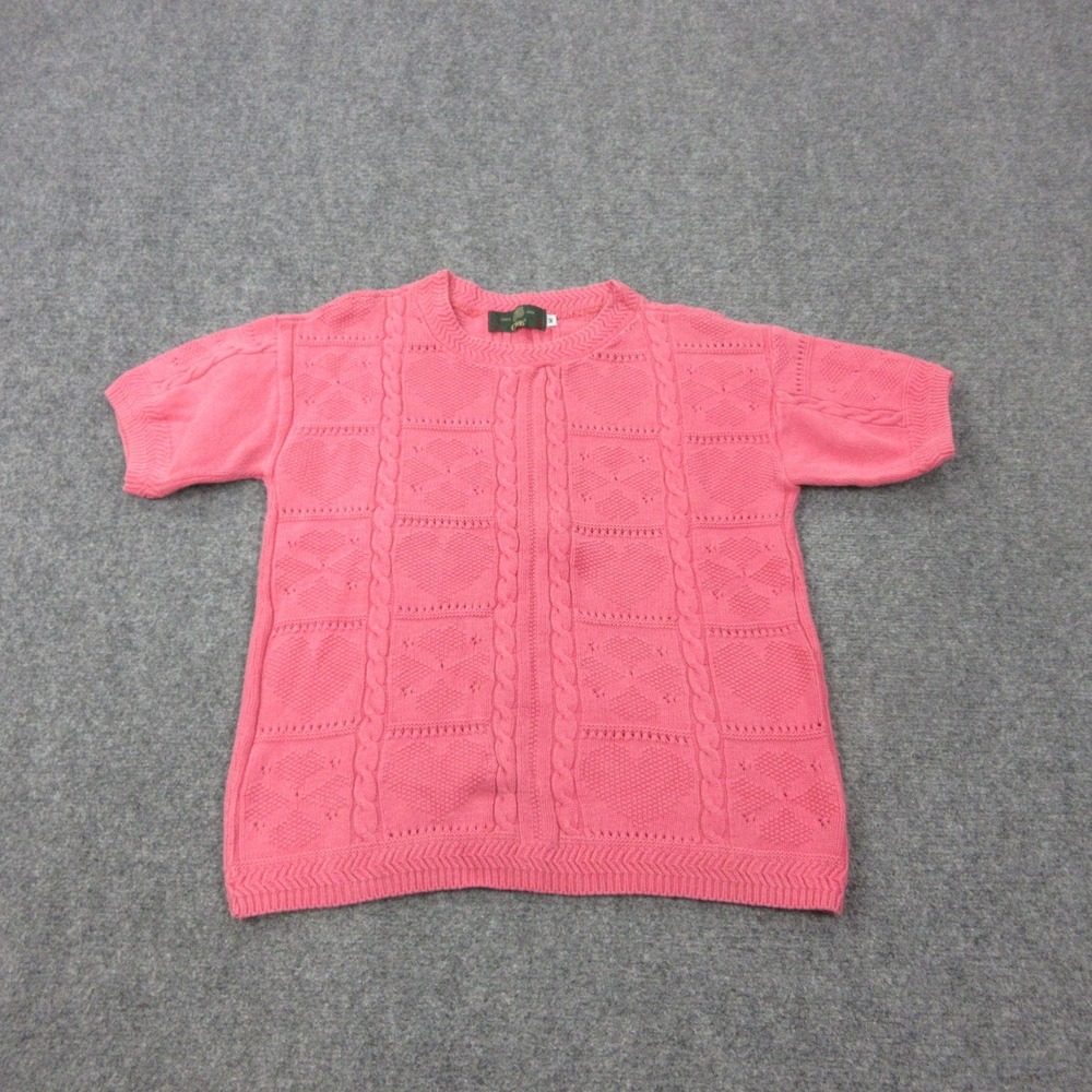 VTG Orvis Sweater Womens Medium Pink Short Sleeve Cable Knit Cotton Crewneck USA